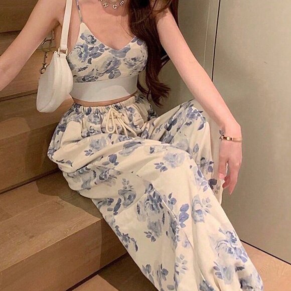 Multicolor Boho Women's Printed Short Camisole Top & Strapless Wide-Leg Pants - Picture 1 of 5